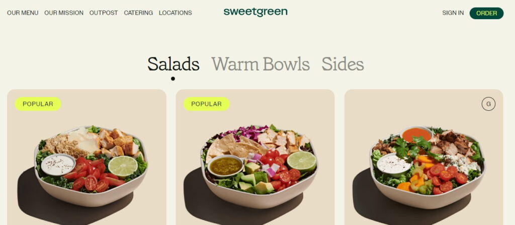 Siti web per ristoranti : Immagine proveniente dal sito web di Sweetgreen