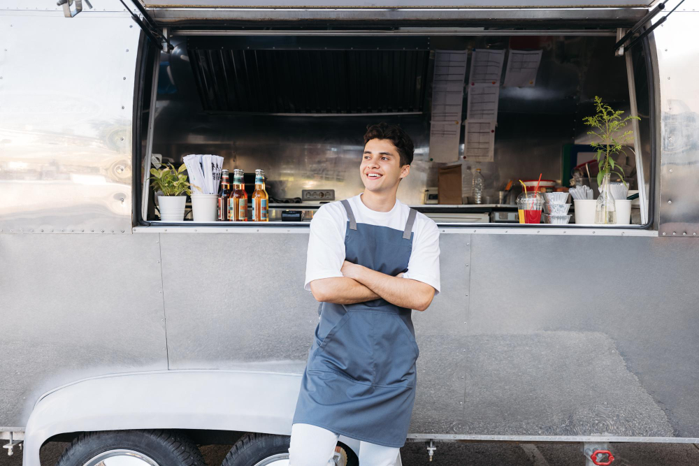 A smiling man standing in front of his mobile bar