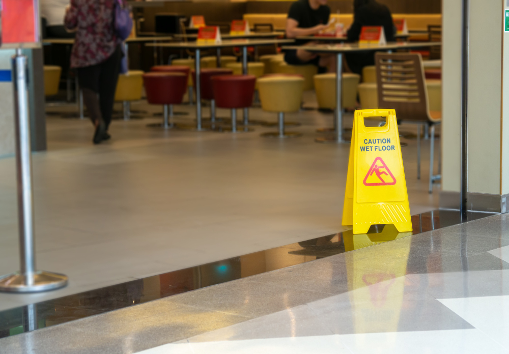 A yellow plastic cone with sign showing warning of wet floor at a restaurant