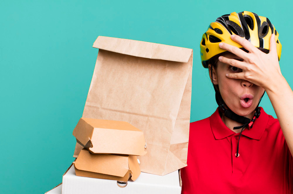 A delivery man with damaged food containers