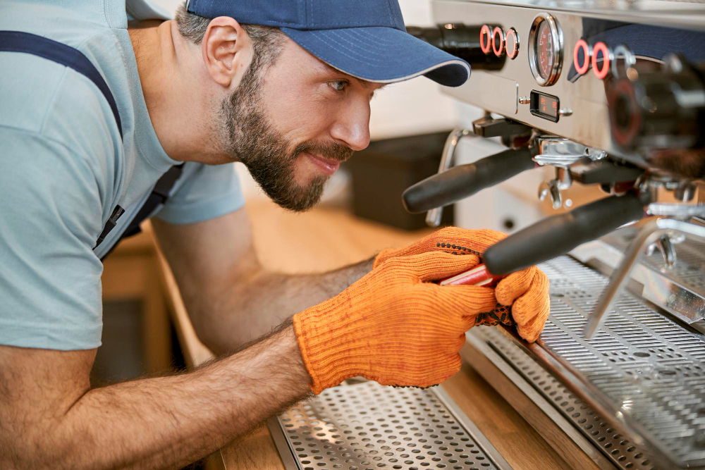 Checking coffee machine in cafe