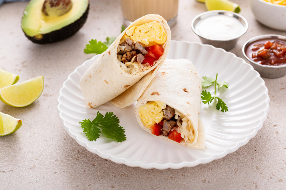 Breakfast burrito with sausage eggs bell pepper and cheese